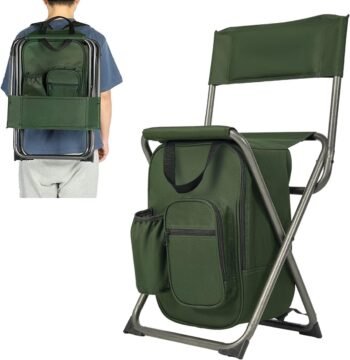 Backpack Cooler Chair Fishing Chairs with Backrest Folding Camping Stool Compact for Outdoors Hiking Hunting Travel, Supports 225 lbs