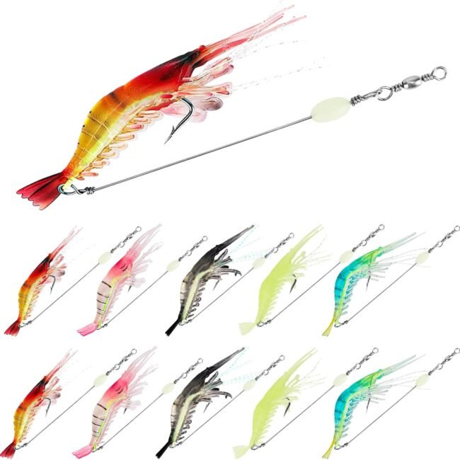 10 Saltwater Fishing Lures Shrimp Baits Set, Premium Soft Shrimp Fishing Tackle with Luminous Sharp Hooks, for Freshwater and Saltwater -