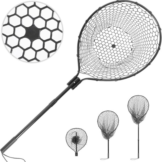 High Strength Large Landing Net - Telescoping Fishing Net with 2 Section Long Handle and Soft Rubber Net, Kayak/Fly Fishing Net - Overall Length: 60″, Hoop Size 23″ x 18″, Depth 19.5″