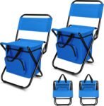2 Pcs Fishing Chair with Cooler Bag Multi-Function Foldable Compact Fishing Stool Hunting Chair Portable Backrest Stool with Folding Backpack for Finishing Camping Hunting Travel(Blue)