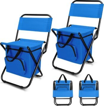 2 Pcs Fishing Chair with Cooler Bag Multi-Function Foldable Compact Fishing Stool Hunting Chair Portable Backrest Stool with Folding Backpack for Finishing Camping Hunting Travel(Blue)