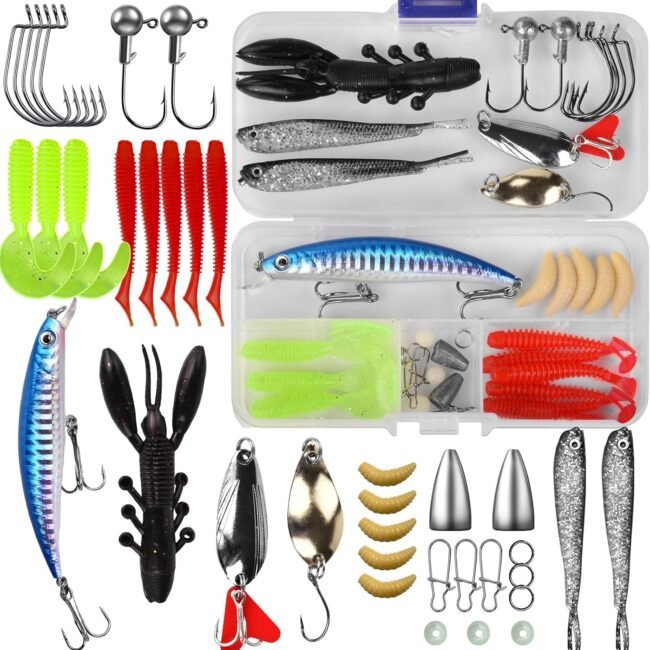 Fishing Lures Tackle Bait Kit Set - Comprehensive Fishing Lures Kit for Trout Bass Salmon - Includes Plastic Shrimp, Worm Bait, Spoon, and  Jigs